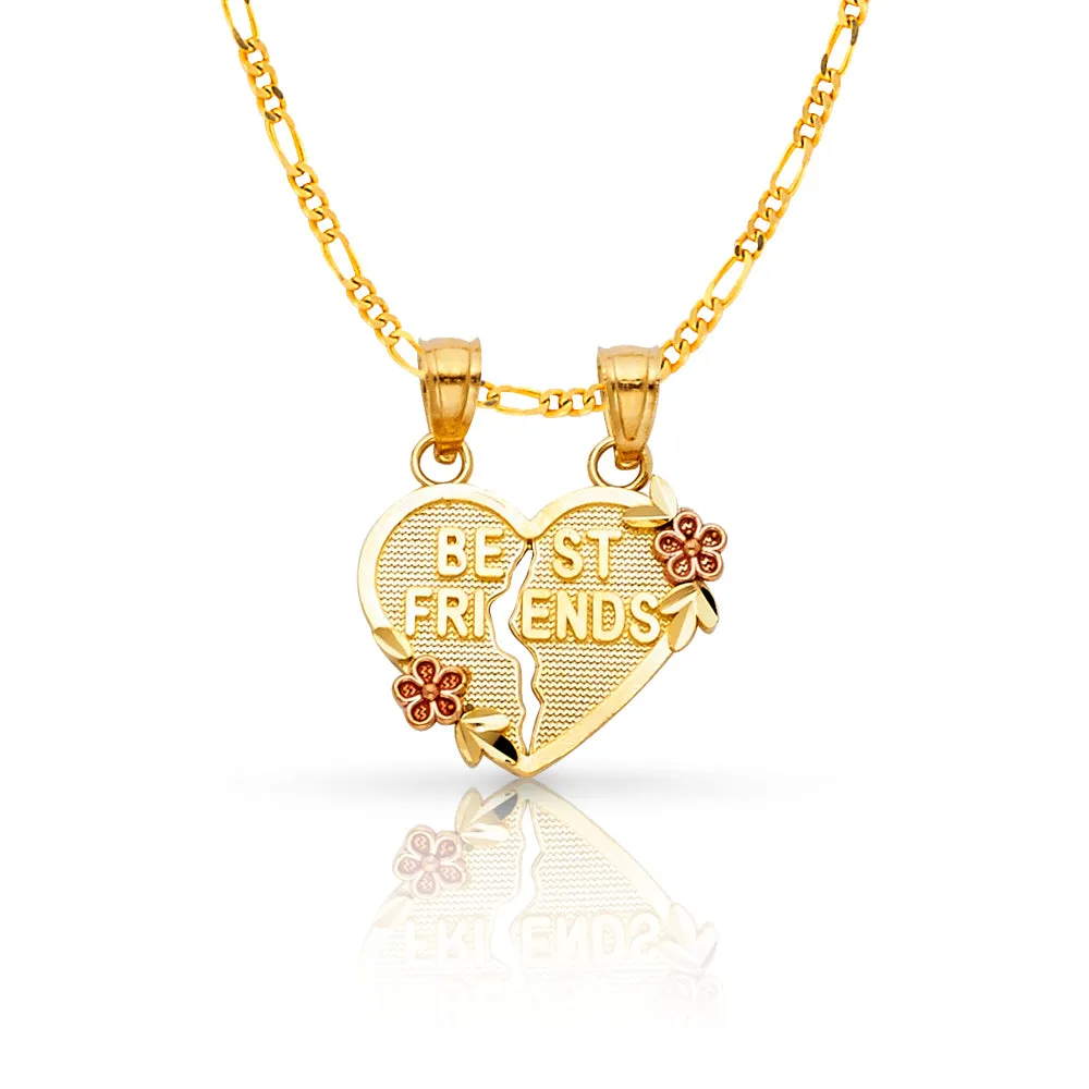 14K Gold 'BEST FRIENDS' Broken Heart Pendant with 2mm Figaro 3 1 Chain