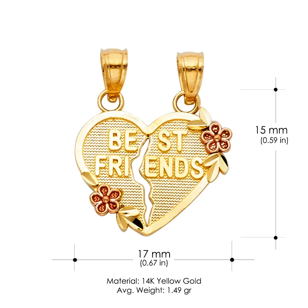 14K Gold 'BEST FRIENDS' Broken Heart Pendant with 2mm Figaro 3 1 Chain