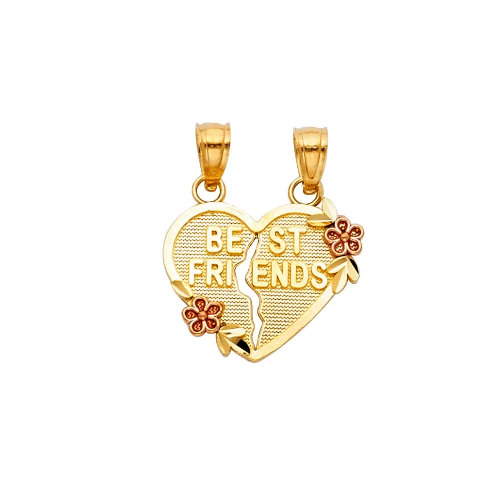 14K Gold 'BEST FRIENDS' Broken Heart Pendant with 2mm Figaro 3 1 Chain