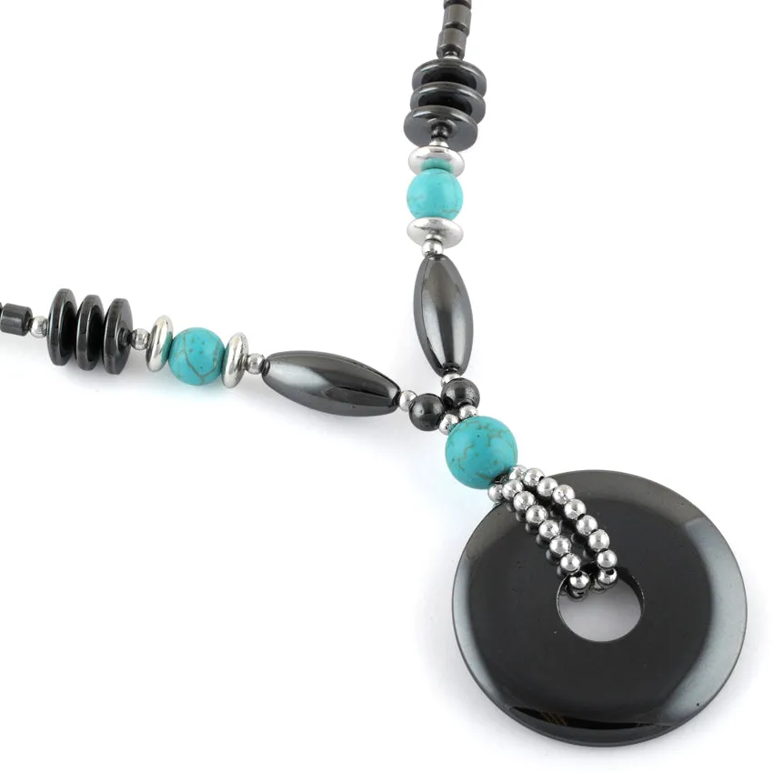 18" Round Extravagant Turquoise Stones Hematite Necklace