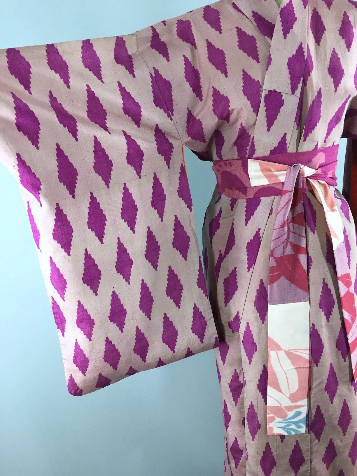 1920s Vintage Silk Kimono Robe / Pink Ikat Diamonds