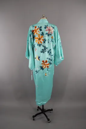 1930s Vintage Aqua Blue Silk Satin Embroidered Kimono Robe