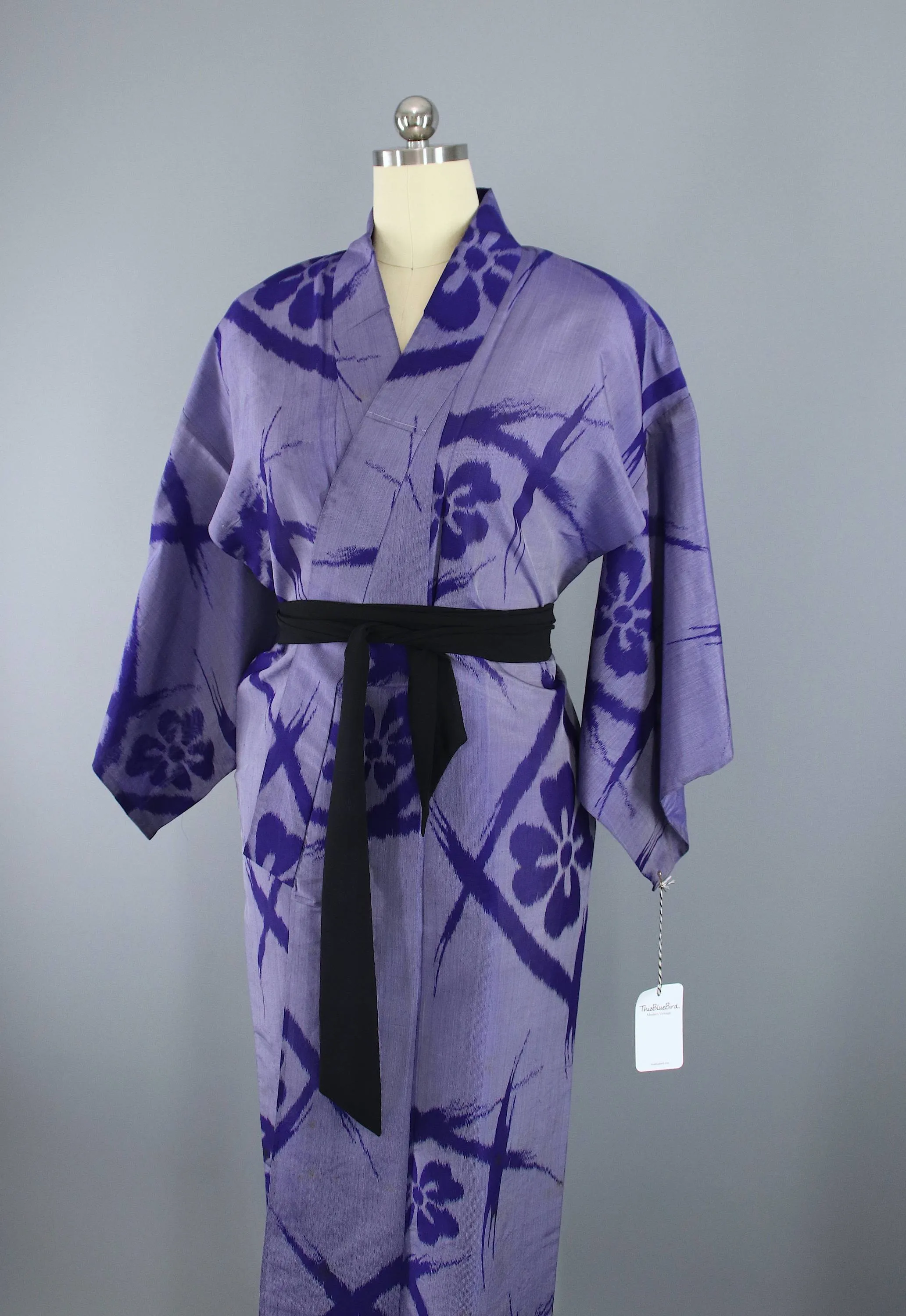 1930s Vintage Silk Kimono Robe / Blue Purple Ikat