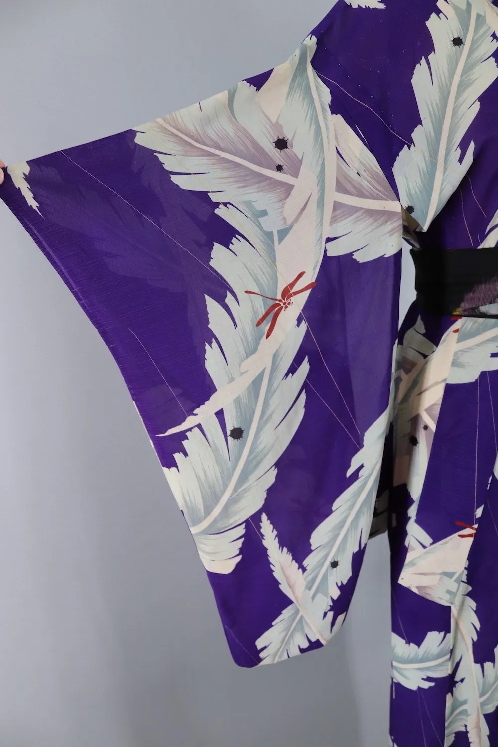 1930s Vintage Silk Kimono Robe / Purple Banana Palm Leaves