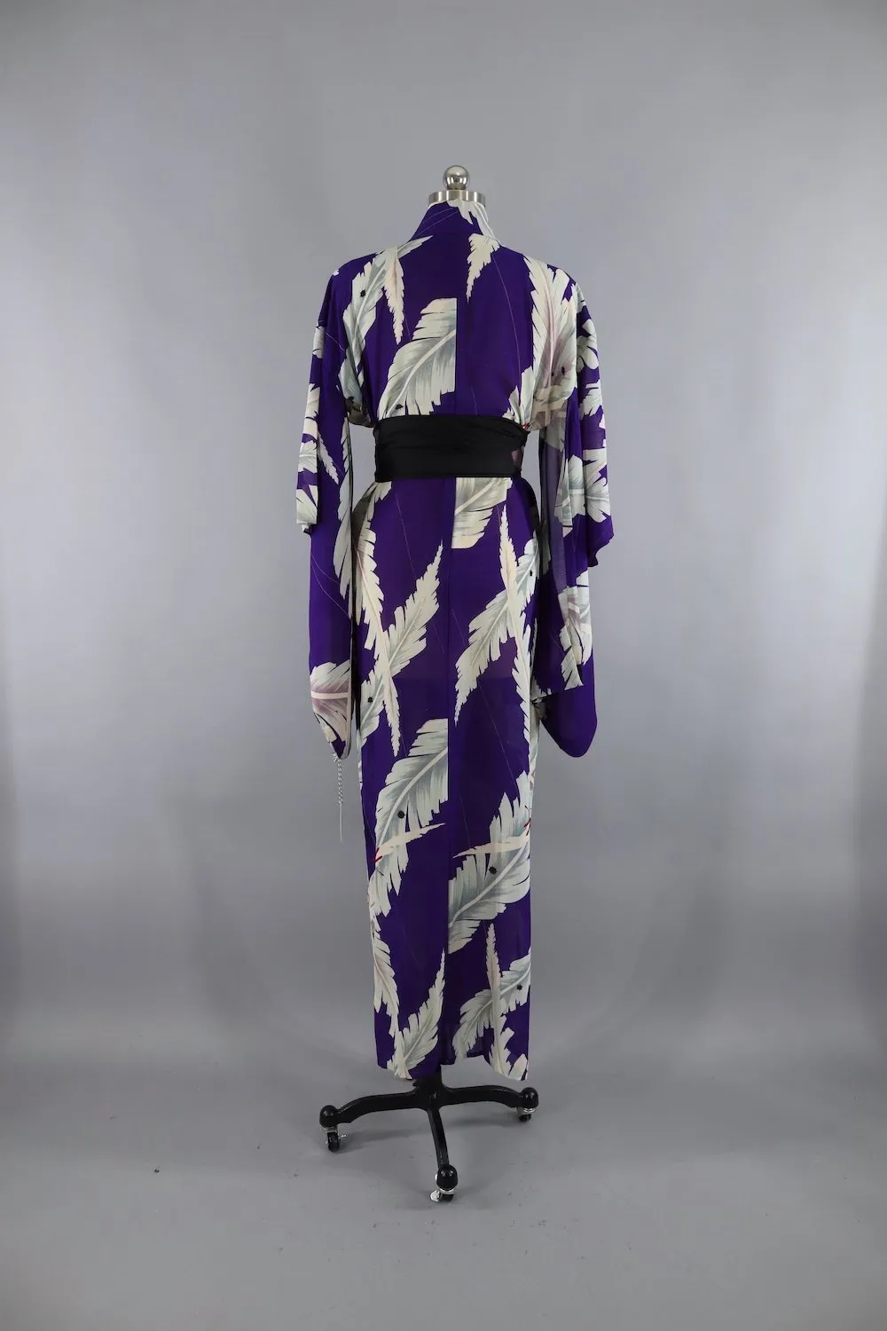 1930s Vintage Silk Kimono Robe / Purple Banana Palm Leaves