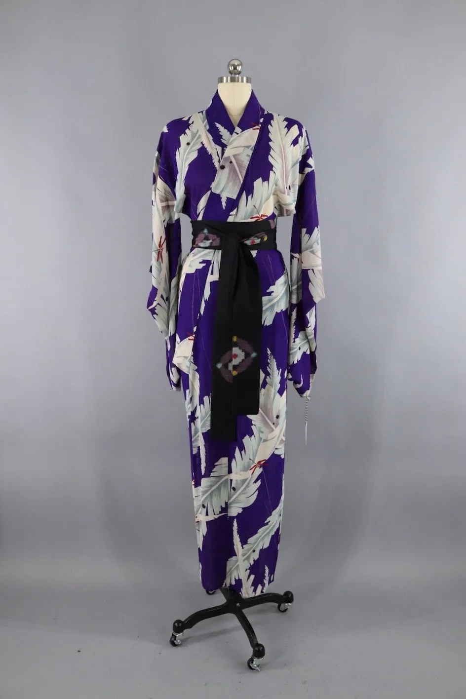 1930s Vintage Silk Kimono Robe / Purple Banana Palm Leaves