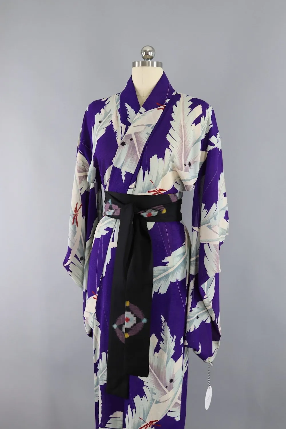 1930s Vintage Silk Kimono Robe / Purple Banana Palm Leaves