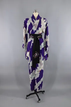 1930s Vintage Silk Kimono Robe / Purple Banana Palm Leaves