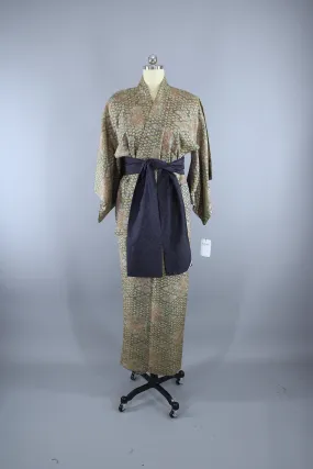 1950s Vintage Kimono Robe / Tan Ikat Floral Print