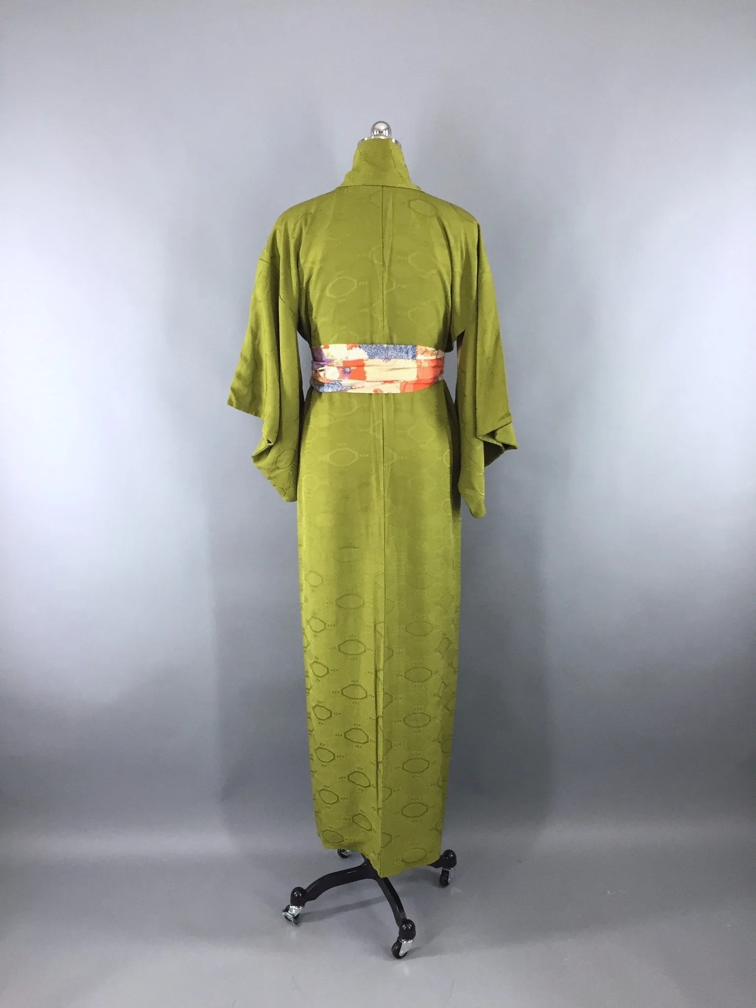 1950s Vintage Silk Kimono Robe in Olive Army Green