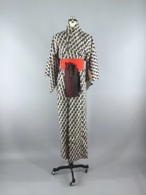 1960s Vintage Kimono Robe / Abstract Black and White