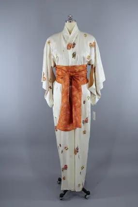 1960s Vintage Silk Kimono Robe /  Ivory Novelty Print