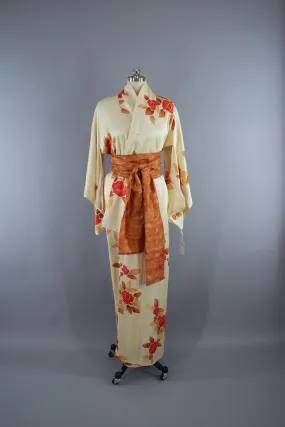 1960s Vintage Silk Kimono Robe with Ivory & Orange Floral Print