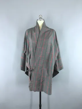 1970s Vintage Haori Kimono Jacket Coat Douchugi in Grey Plaid