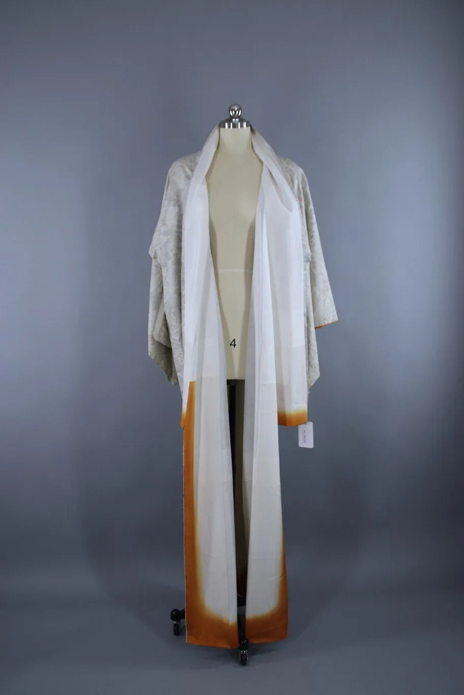 1970s Vintage Silk Kimono Robe / White Ikat