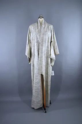 1970s Vintage Silk Kimono Robe / White Ikat