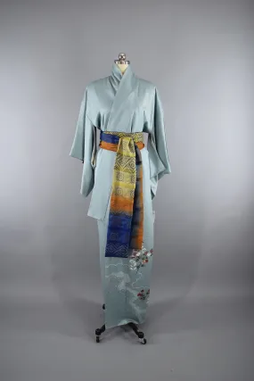 1980s Vintage Silk Kimono Robe in Light Blue Shibori Floral