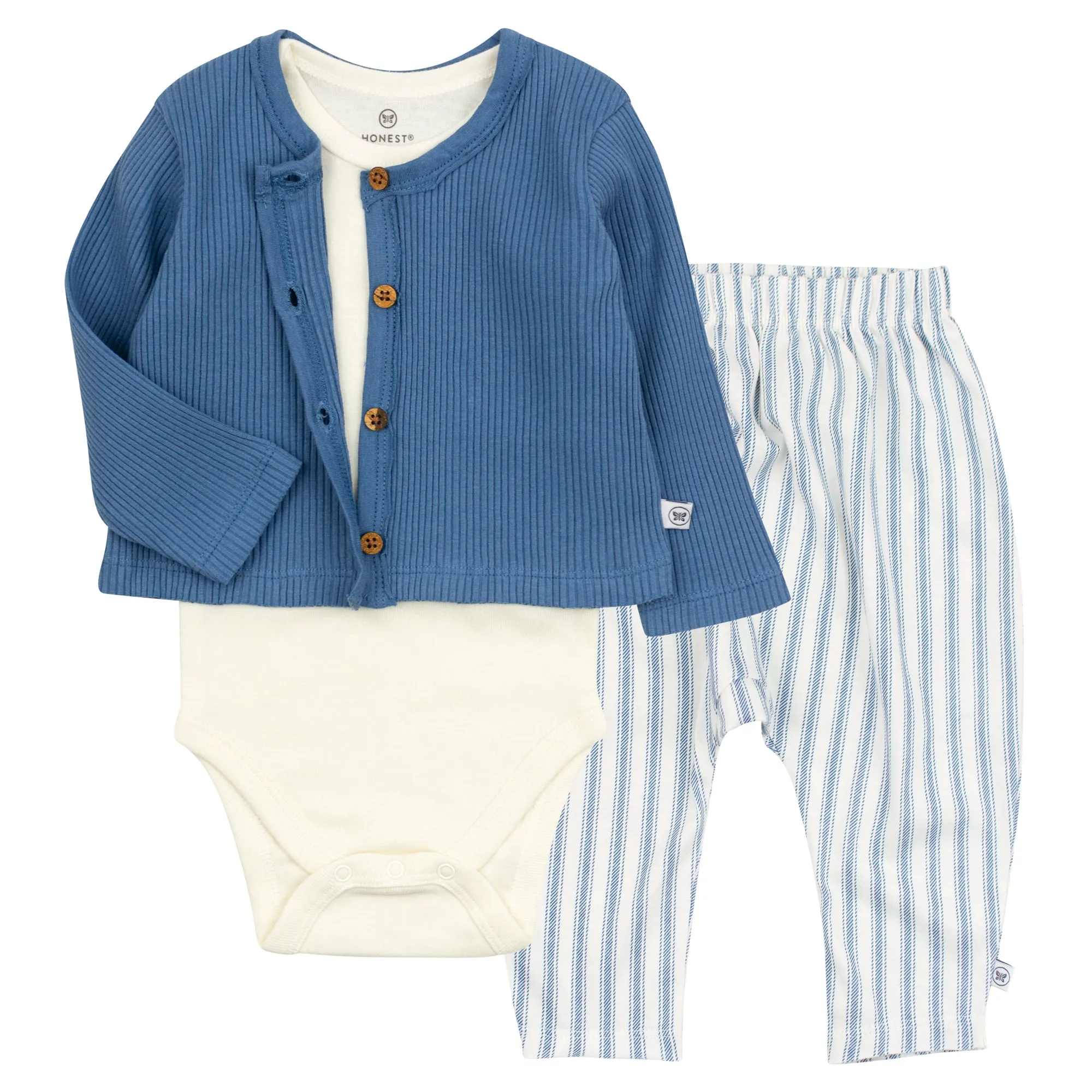 3-Piece Organic Cotton Bodysuit, Pant, Cardigan Set