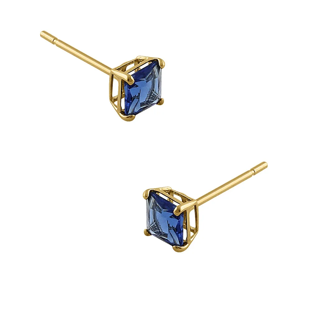 .36 ct Solid 14K Yellow Gold 3mm Princess Cut Blue Sapphire CZ Earrings