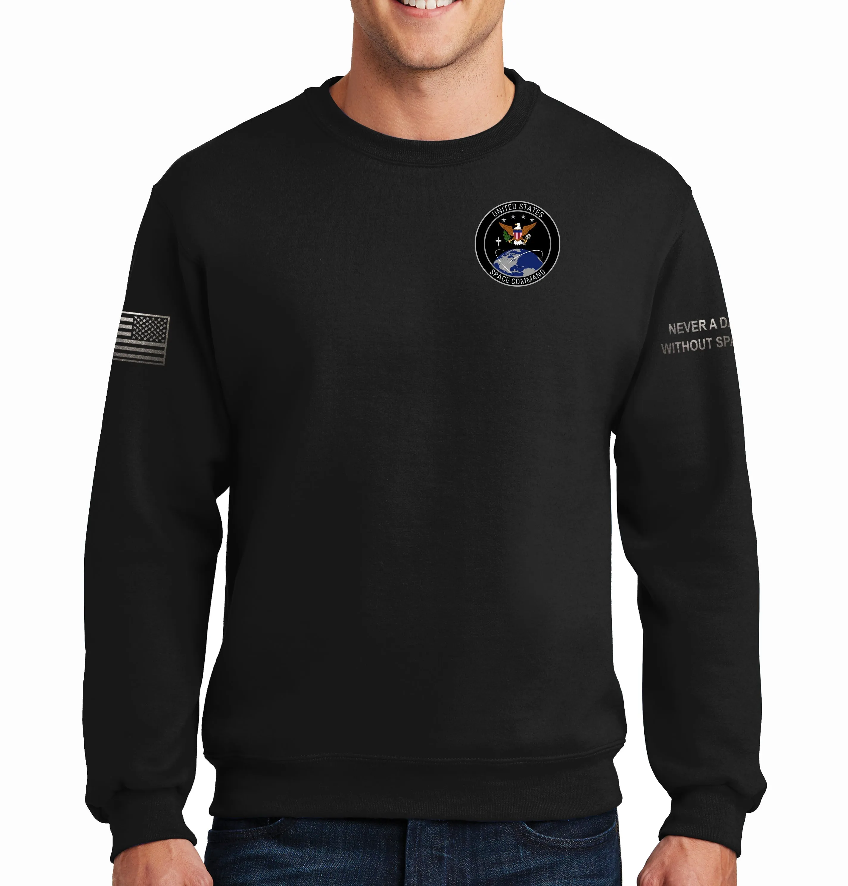 50-50 Blend Black on Black Crewneck Unisex Sweatshirt. This shirt IS approved for PT.