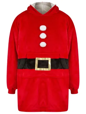 Adult Claus Novelty Soft Fleece Borg Lined Oversized Hooded Blanket with Pocket in Red  - Merry Christmas