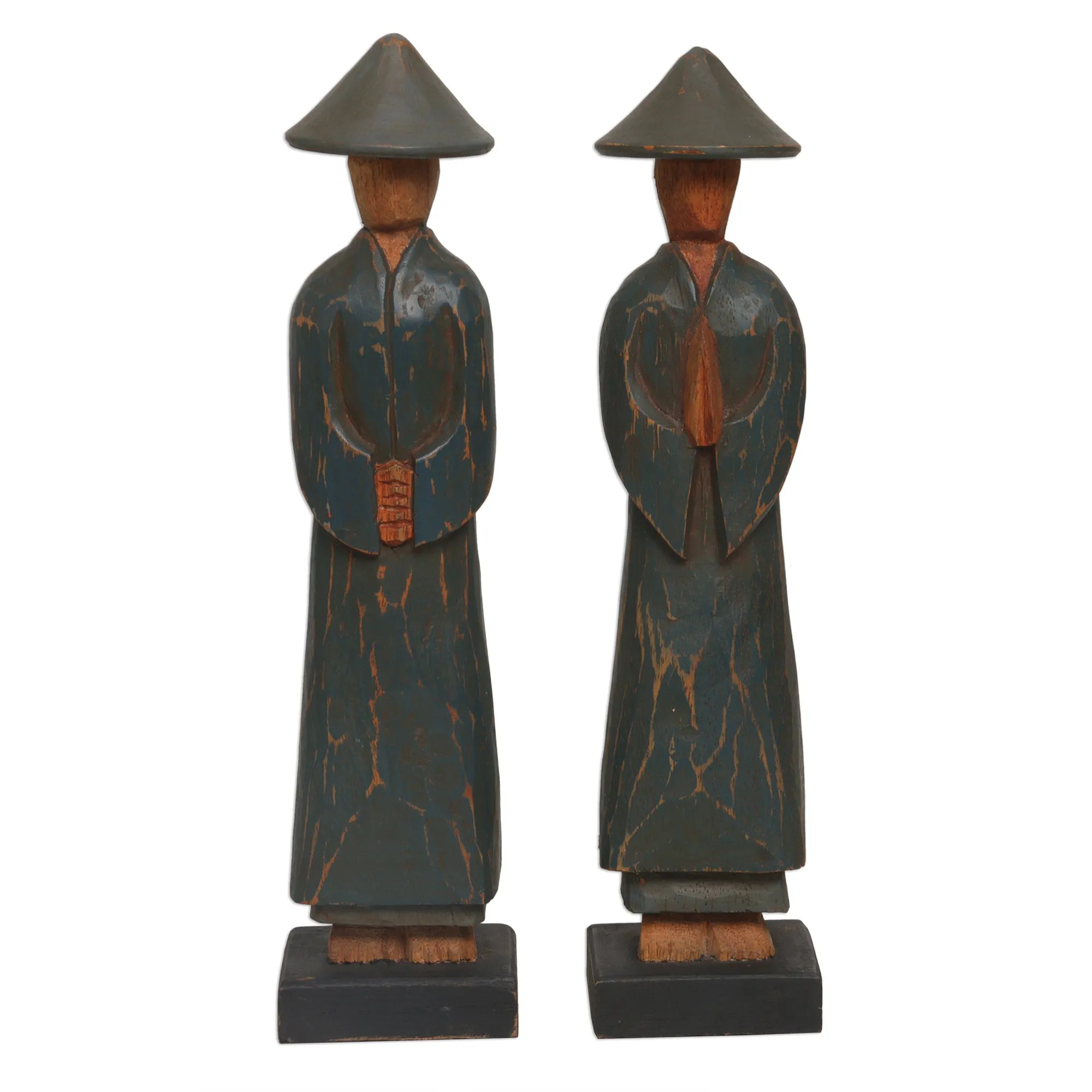 Agrarian Duo Hand Carved Dark Green Robed Wood Farmer Statuettes (Pair)