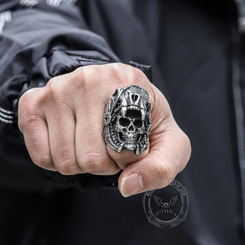 Aztec Jaguar Warrior Stainless Steel Skull Ring