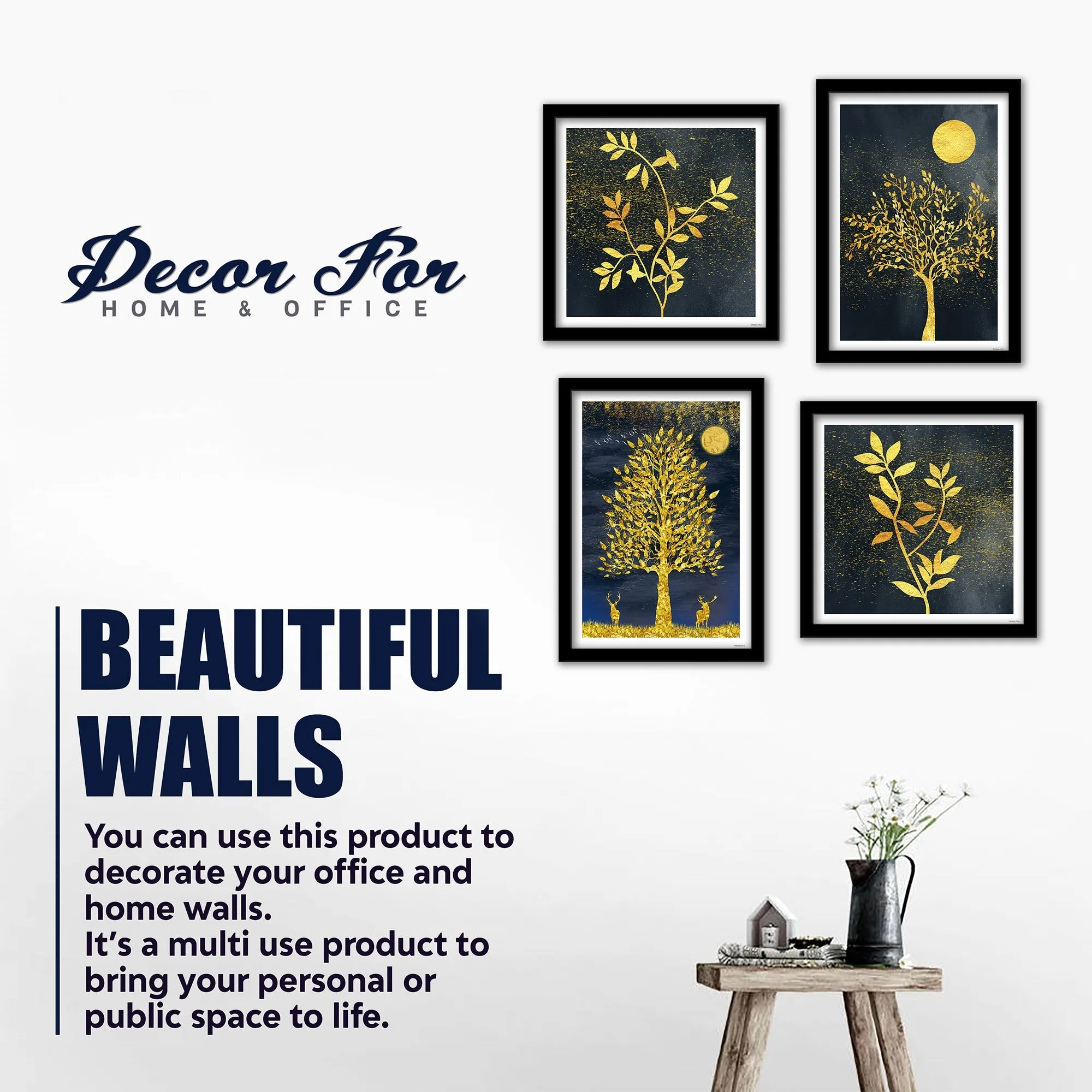 Beautiful Golden Leaf Tree Wall Frame Set of Four