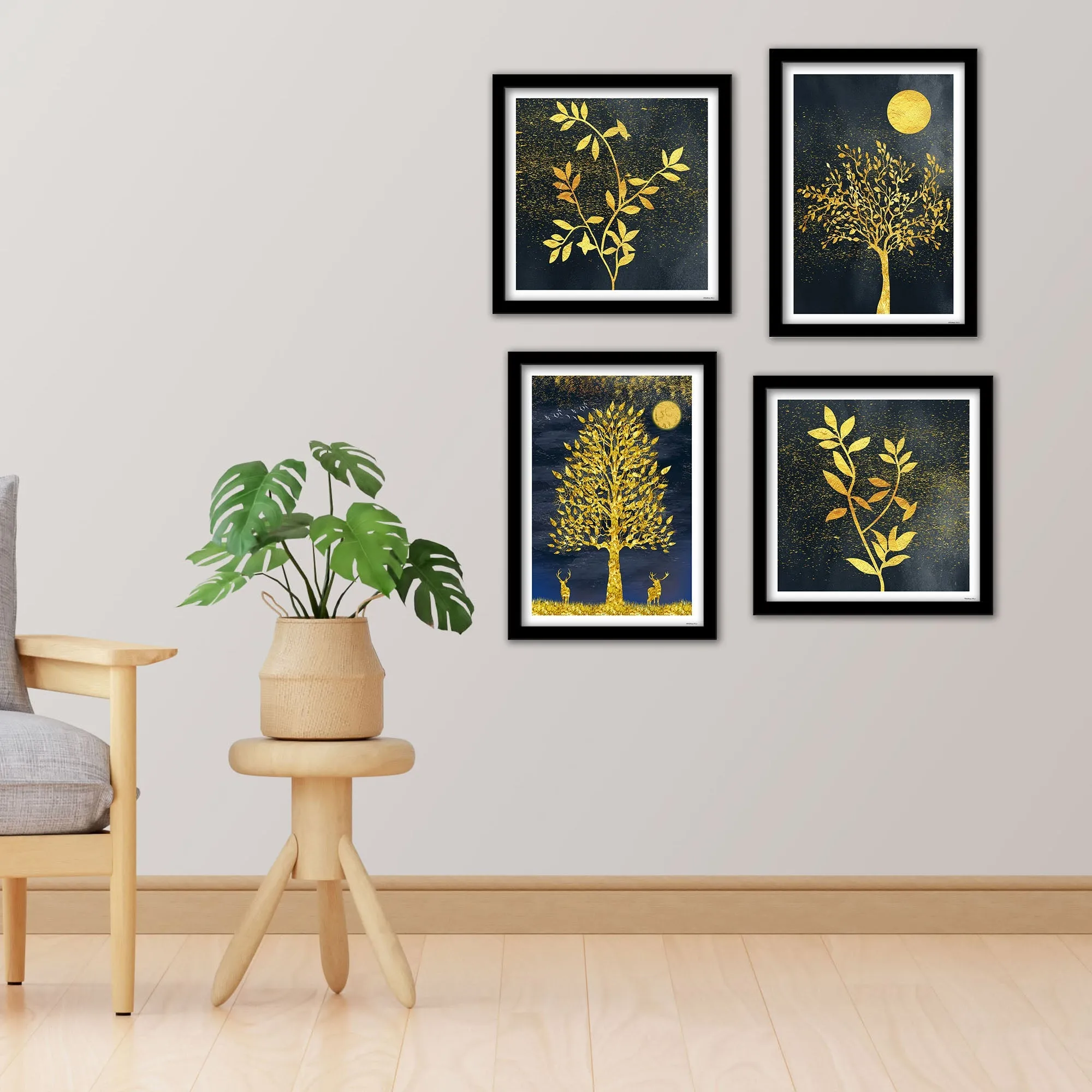 Beautiful Golden Leaf Tree Wall Frame Set of Four