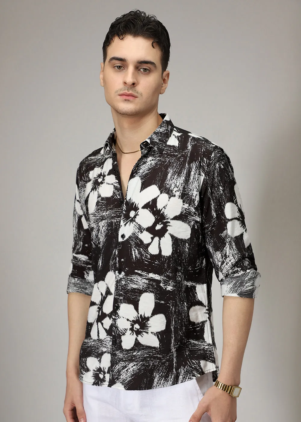 Black Floral Line Print Shirt