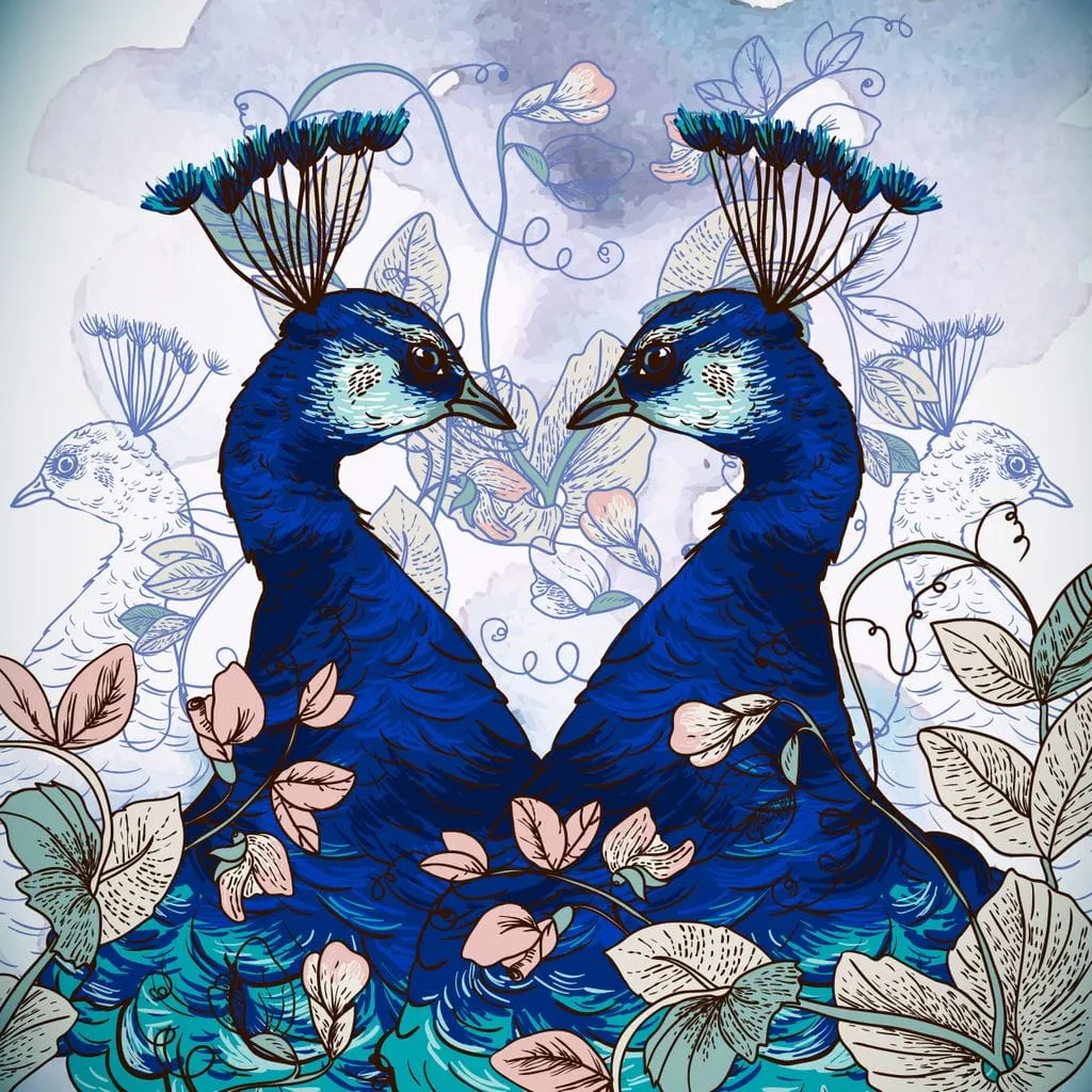 Blue Floral Peacocks