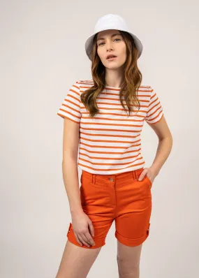 ETRILLE - Nautical Stripe Tee with Short Sleeves | Soft Cotton | Women Fit (WHITE / NEON ORANGE)