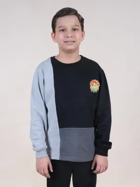 Fleece Full Sleeves Colour Block Cut & Sew Sweatshirt With Applique