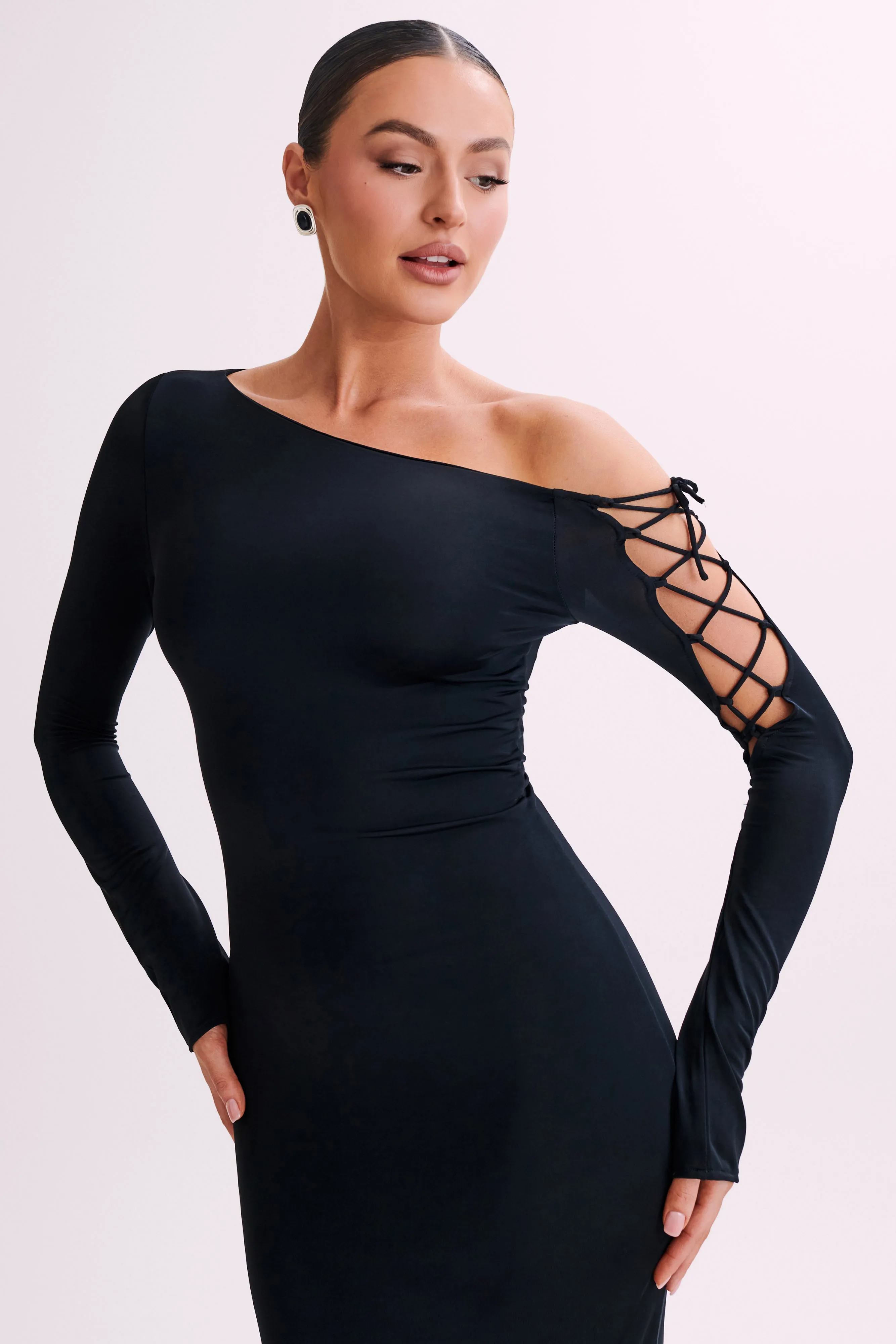 Gabby Tie Sleeve Slinky Maxi Dress - Black