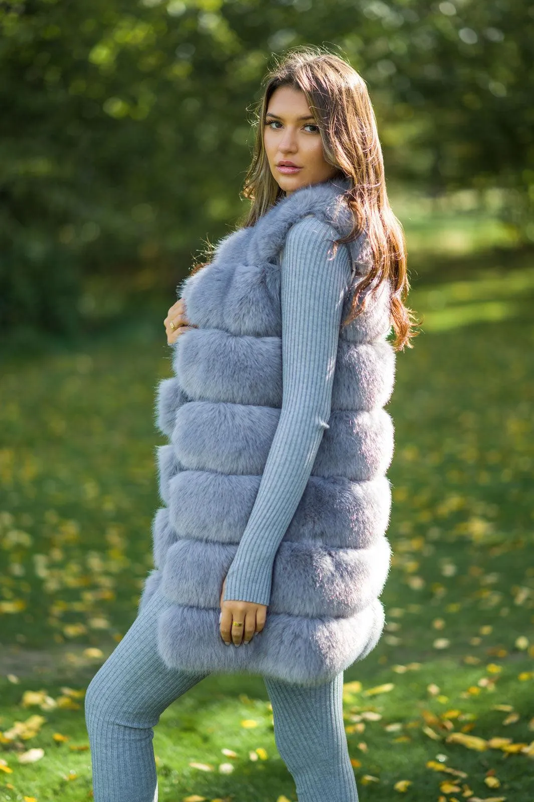 Light Grey Premium Faux Fur Longline Gilet