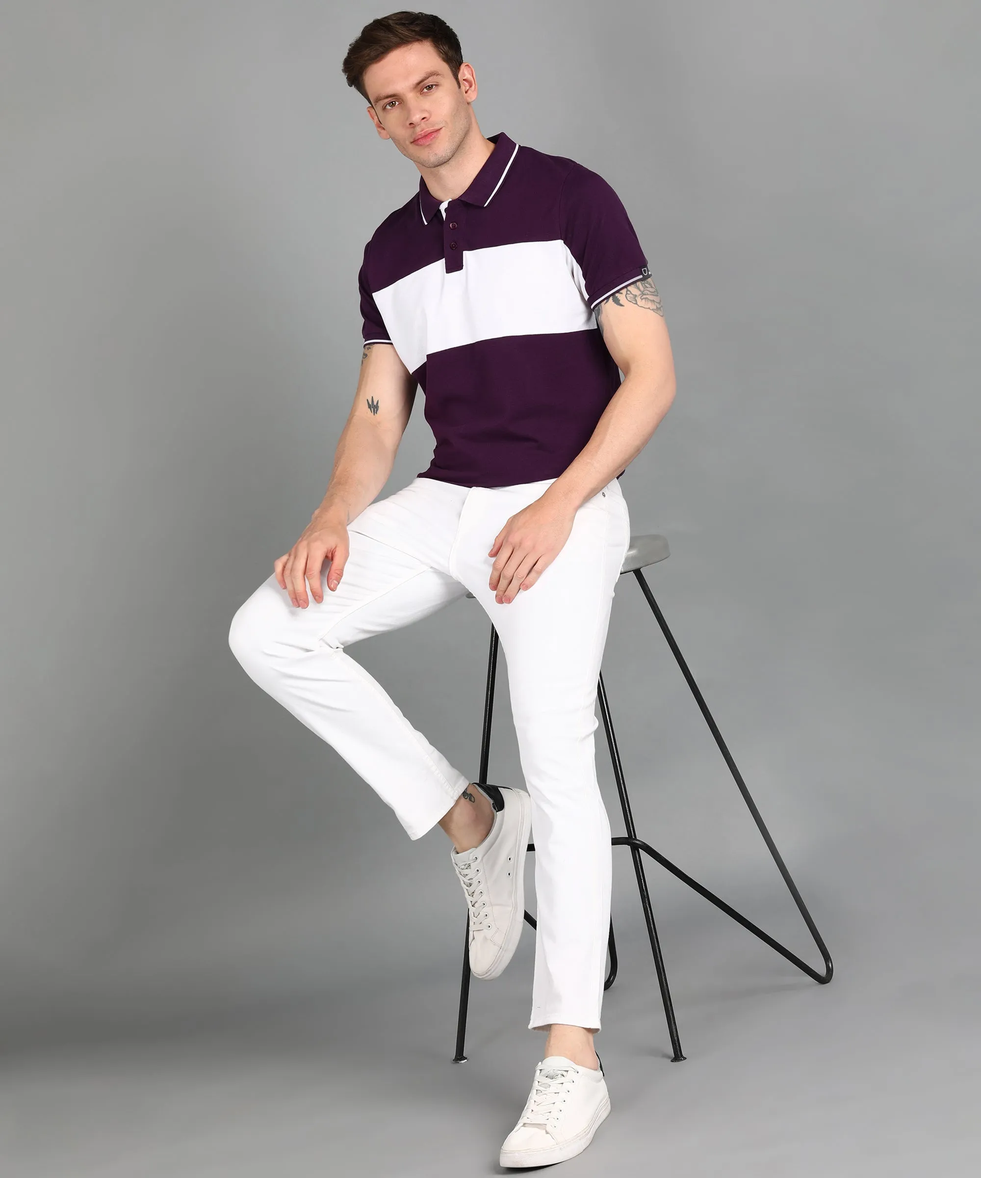 Men's Purple, Grey Melange Colour-Block Slim Fit Half Sleeve Cotton Polo T-Shirt