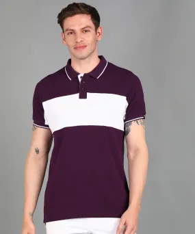 Men's Purple, Grey Melange Colour-Block Slim Fit Half Sleeve Cotton Polo T-Shirt