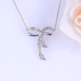 Moissanite Bow Necklace Platinum Plated Silver