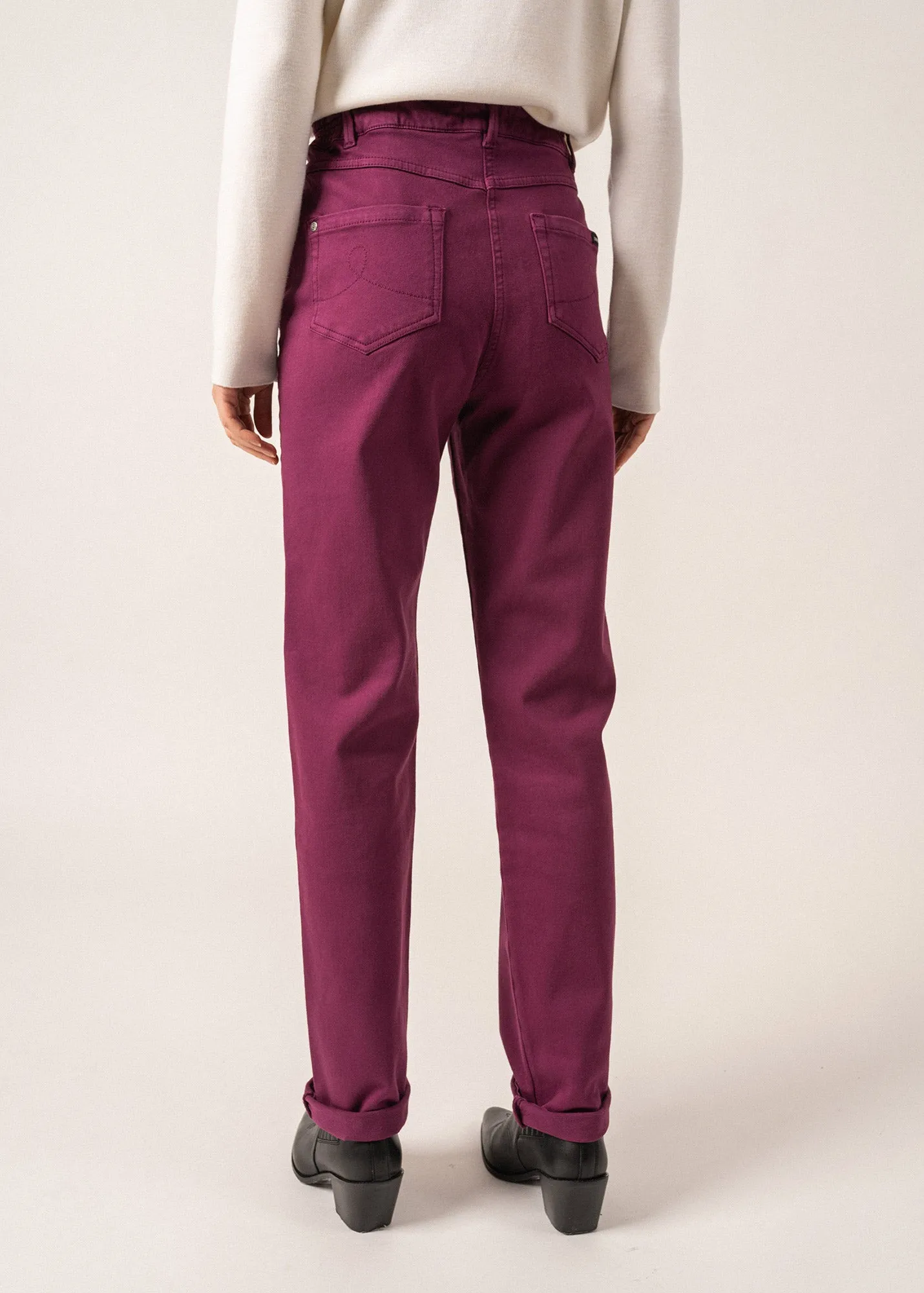 Patricia straight pants - elasticated waist, in stretch cotton (PRUNE)