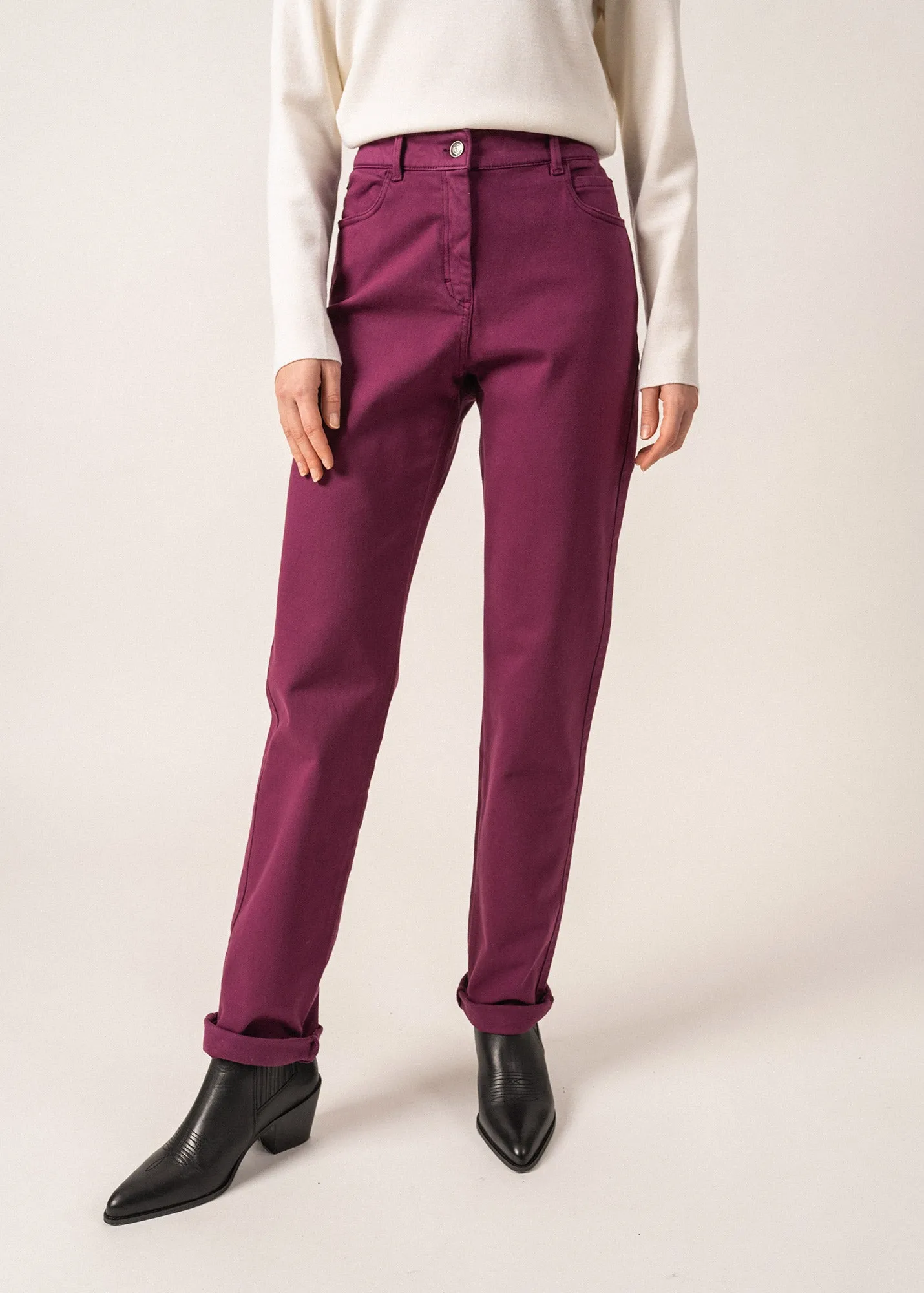 Patricia straight pants - elasticated waist, in stretch cotton (PRUNE)