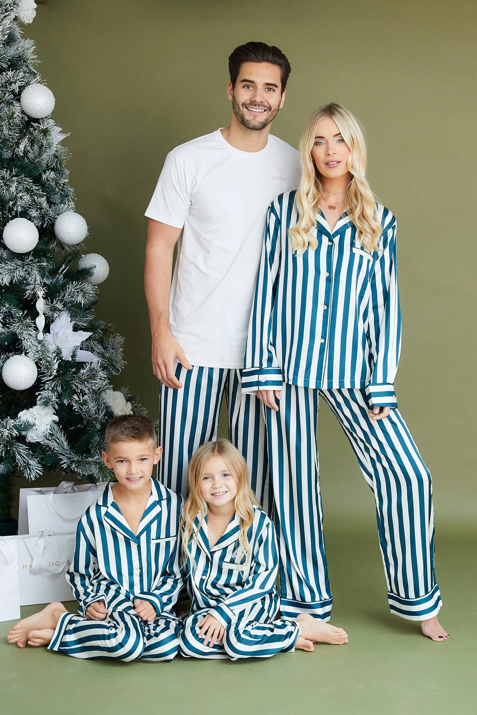 Personalised Christmas Luxury Satin Stripe Long Sleeve Pyjama Set - Forest Green/Ivory