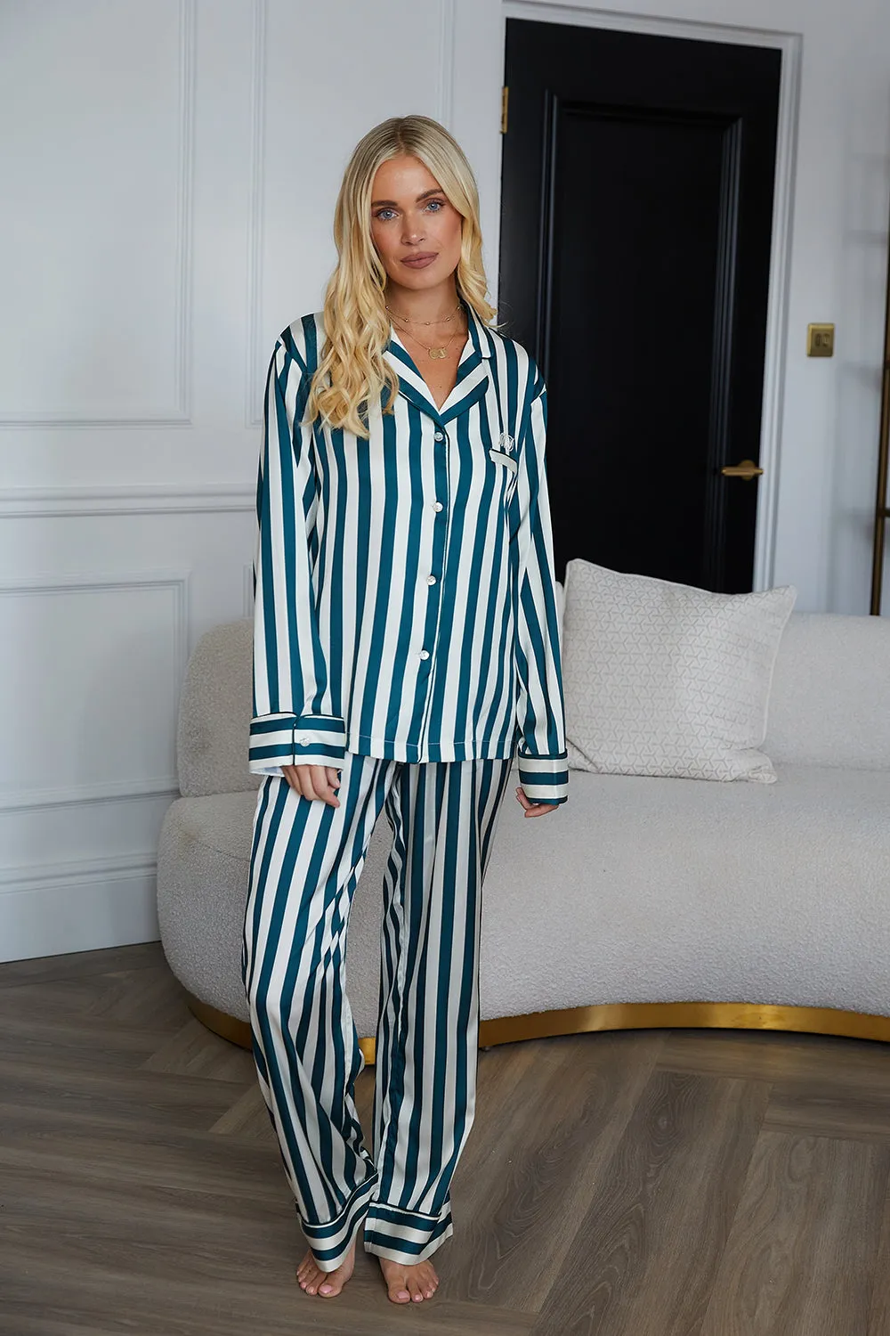 Personalised Christmas Luxury Satin Stripe Long Sleeve Pyjama Set - Forest Green/Ivory