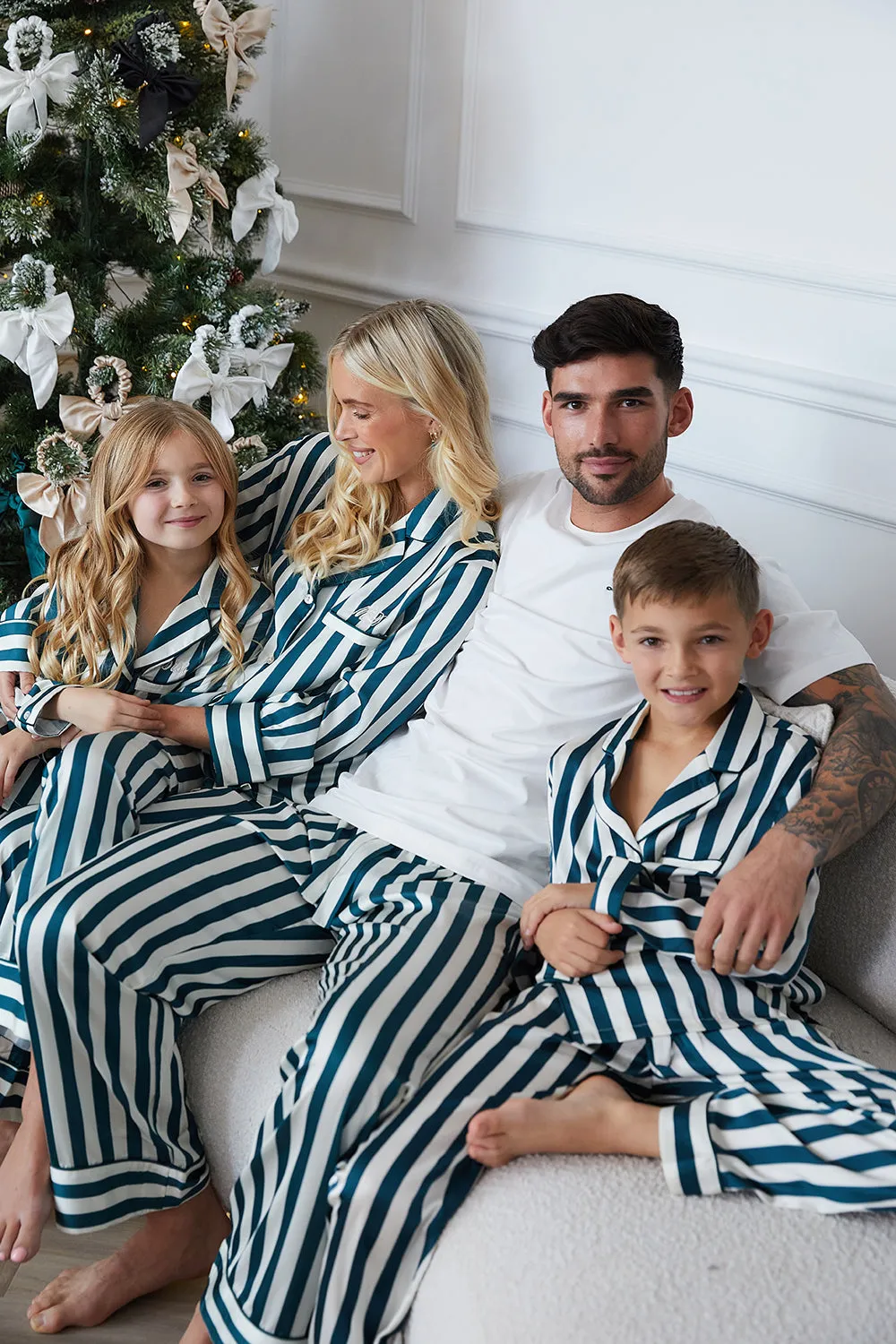 Personalised Christmas Luxury Satin Stripe Long Sleeve Pyjama Set - Forest Green/Ivory