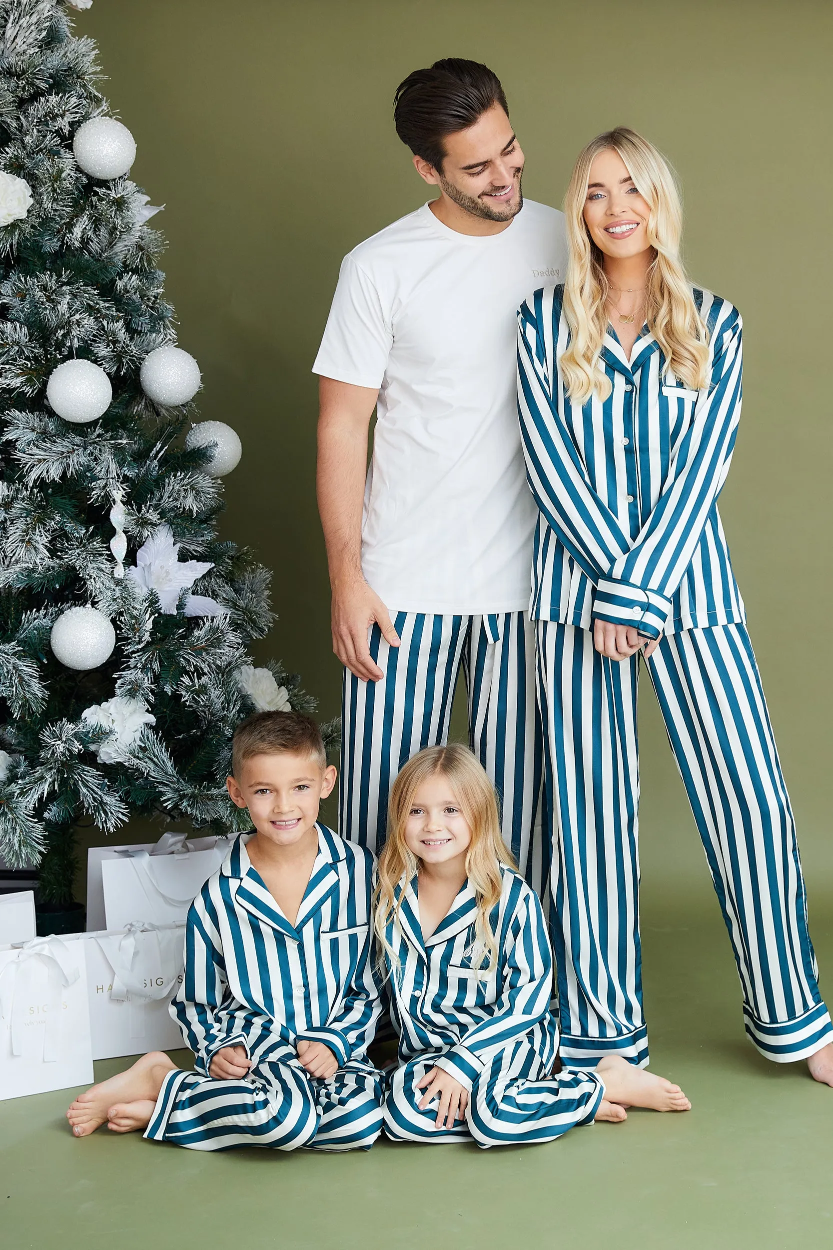 Personalised Christmas Luxury Satin Stripe Long Sleeve Pyjama Set - Forest Green/Ivory