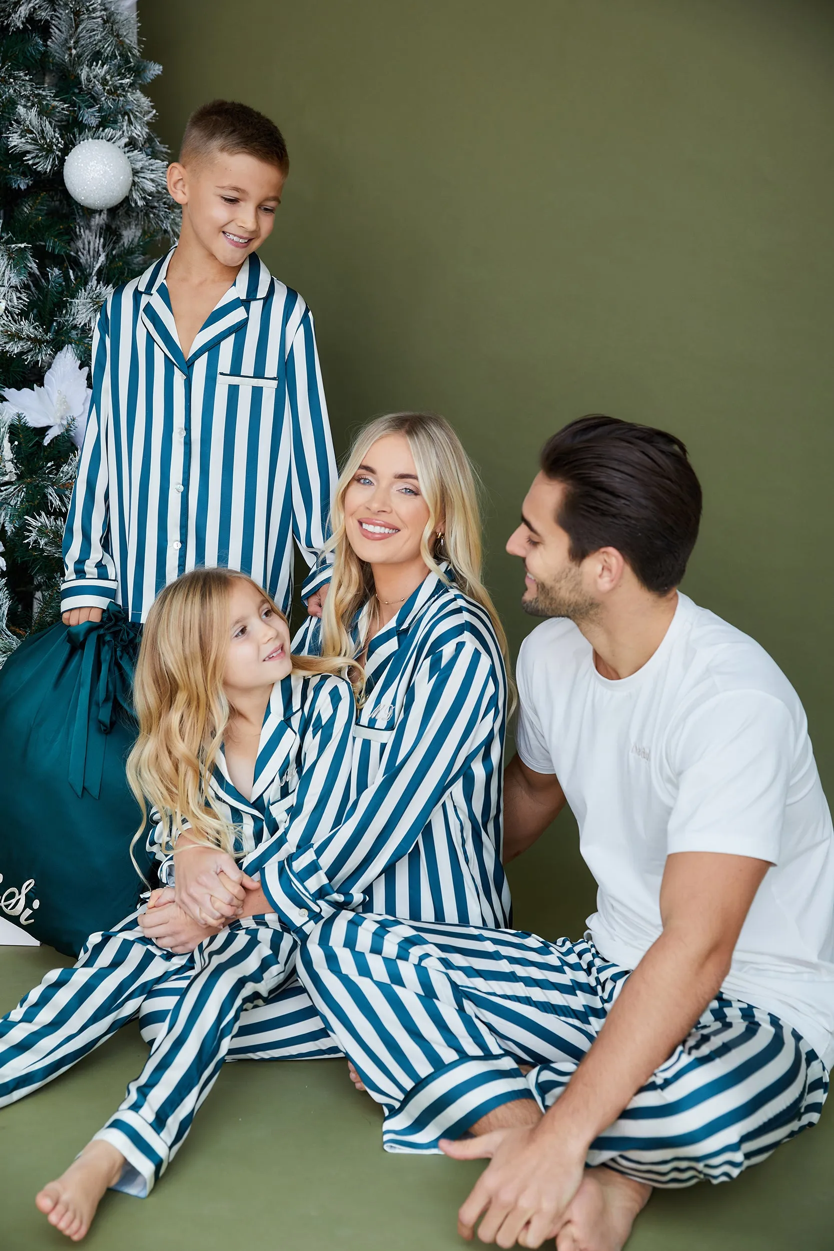 Personalised Christmas Luxury Satin Stripe Long Sleeve Pyjama Set - Forest Green/Ivory