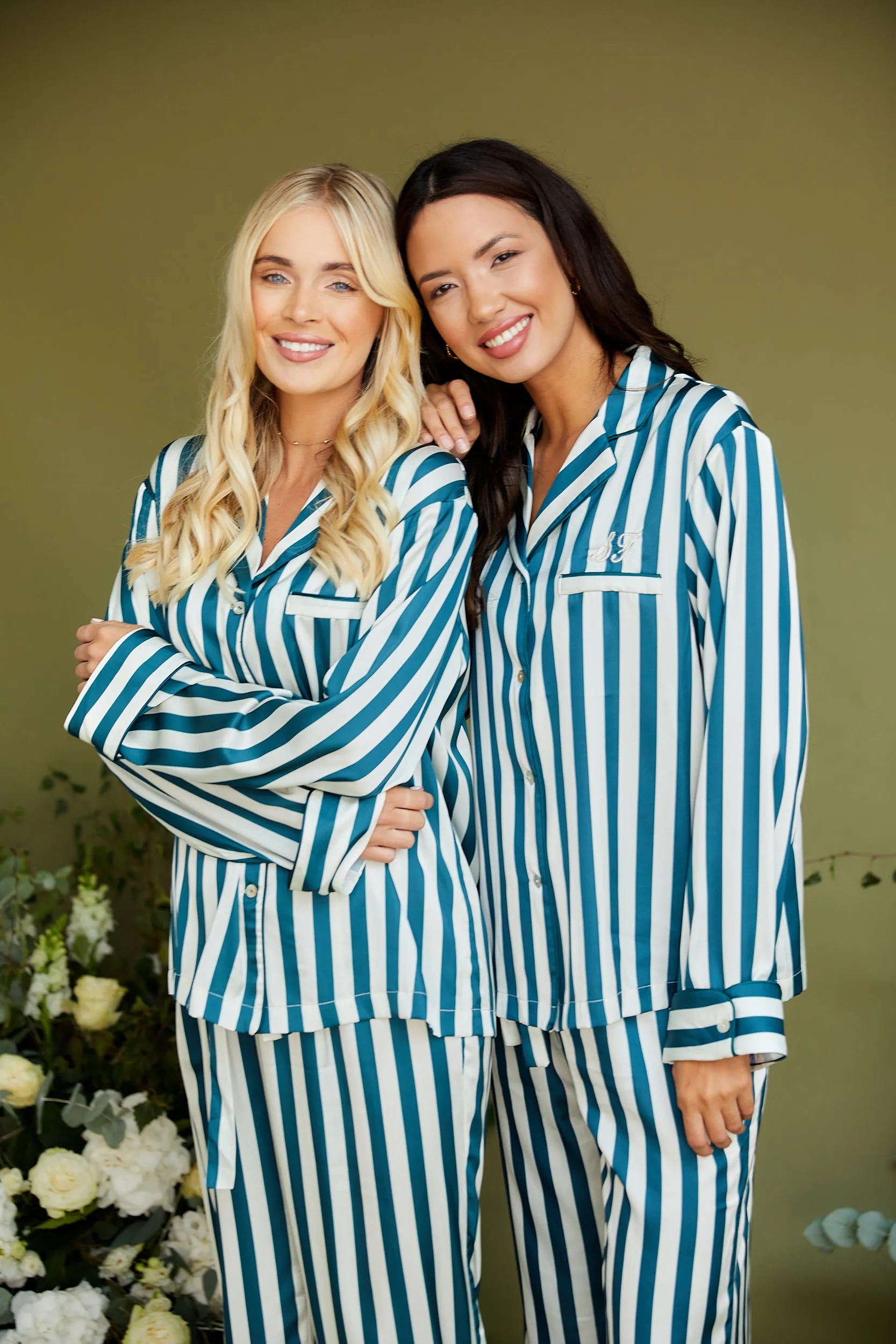 Personalised Christmas Luxury Satin Stripe Long Sleeve Pyjama Set - Forest Green/Ivory