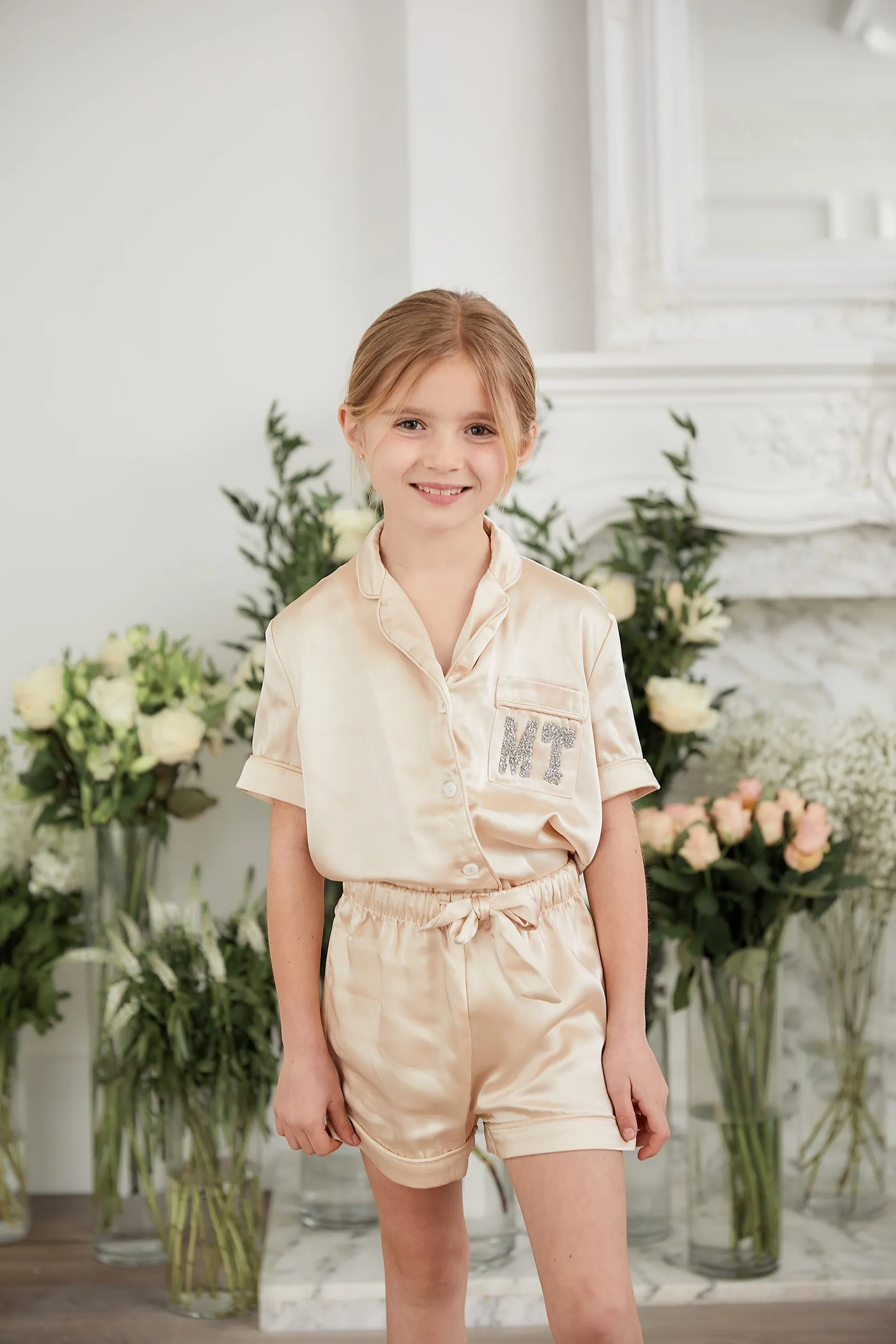 Personalised Girls Luxury Satin Short Sleeve Pyjama Set With Initial Letter Embellishment- Nude