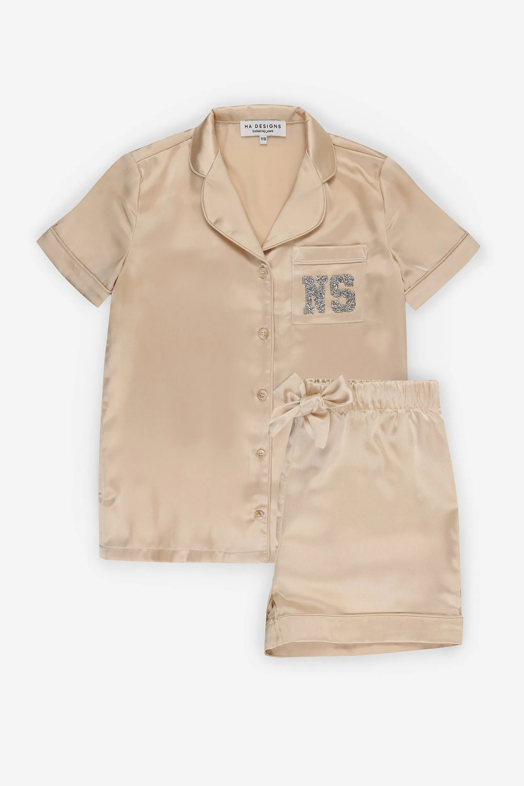 Personalised Girls Luxury Satin Short Sleeve Pyjama Set With Initial Letter Embellishment- Nude