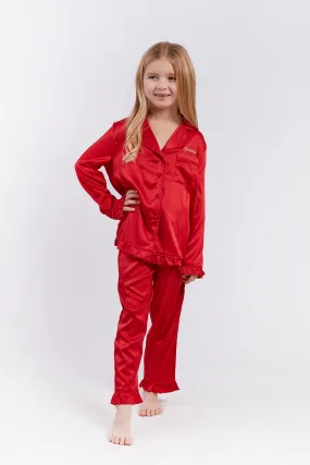 Personalised Girls Satin Frill Long Sleeve Pyjama Set - Red