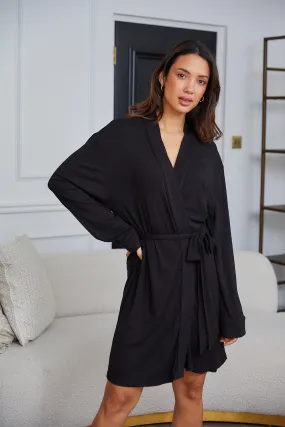 Personalised Ribbed Short Robe - Black